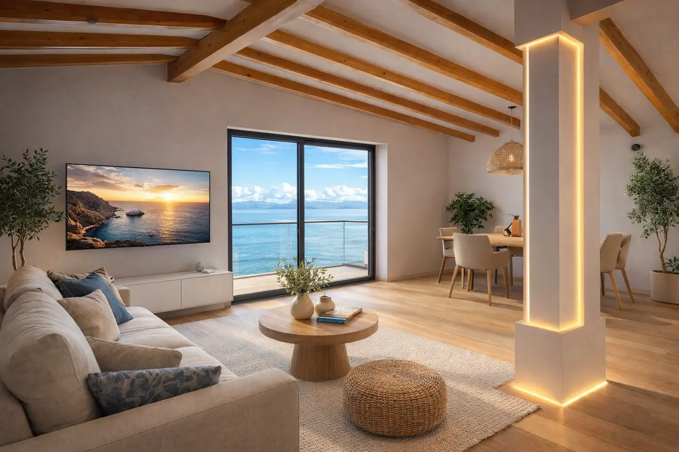 Nyssa Luxury Apartment Korfu – Wohnzimmer mit Panorama-Meerblick