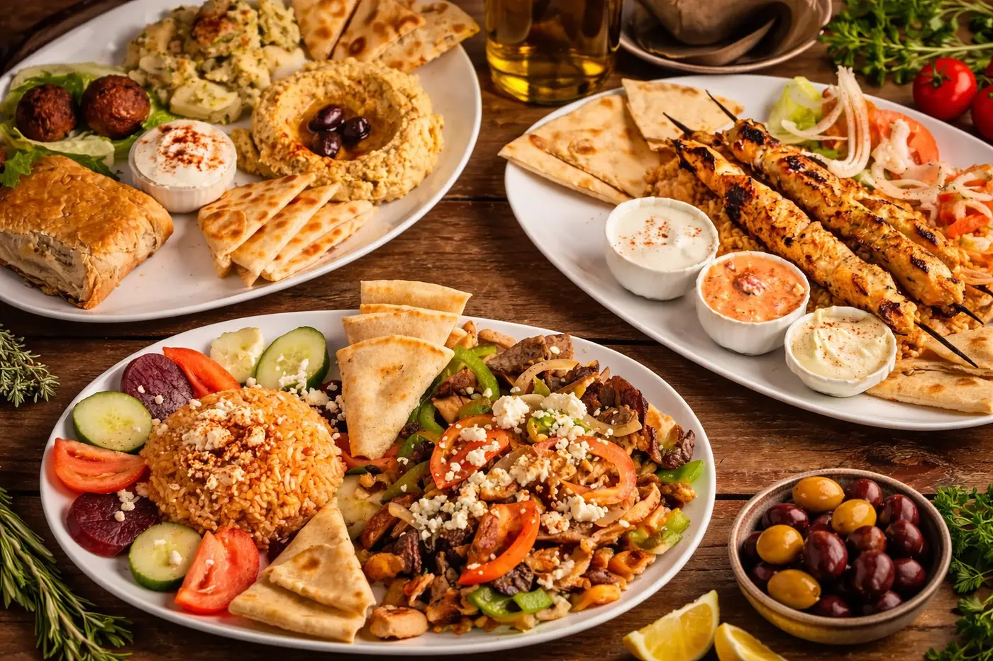 Griechische Köstlichkeiten – Mezedes und Spezialitäten auf rustikalem Tisch